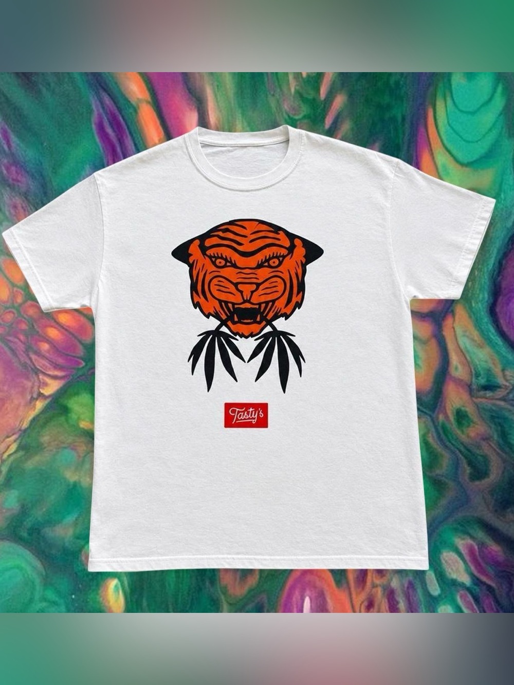 Tasty’s Edibles White Tee with Orange Tiger Weed Graphic